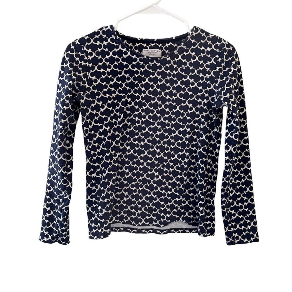 Pima Cotton Charter Club blue and white geometric long sleeved luxury top